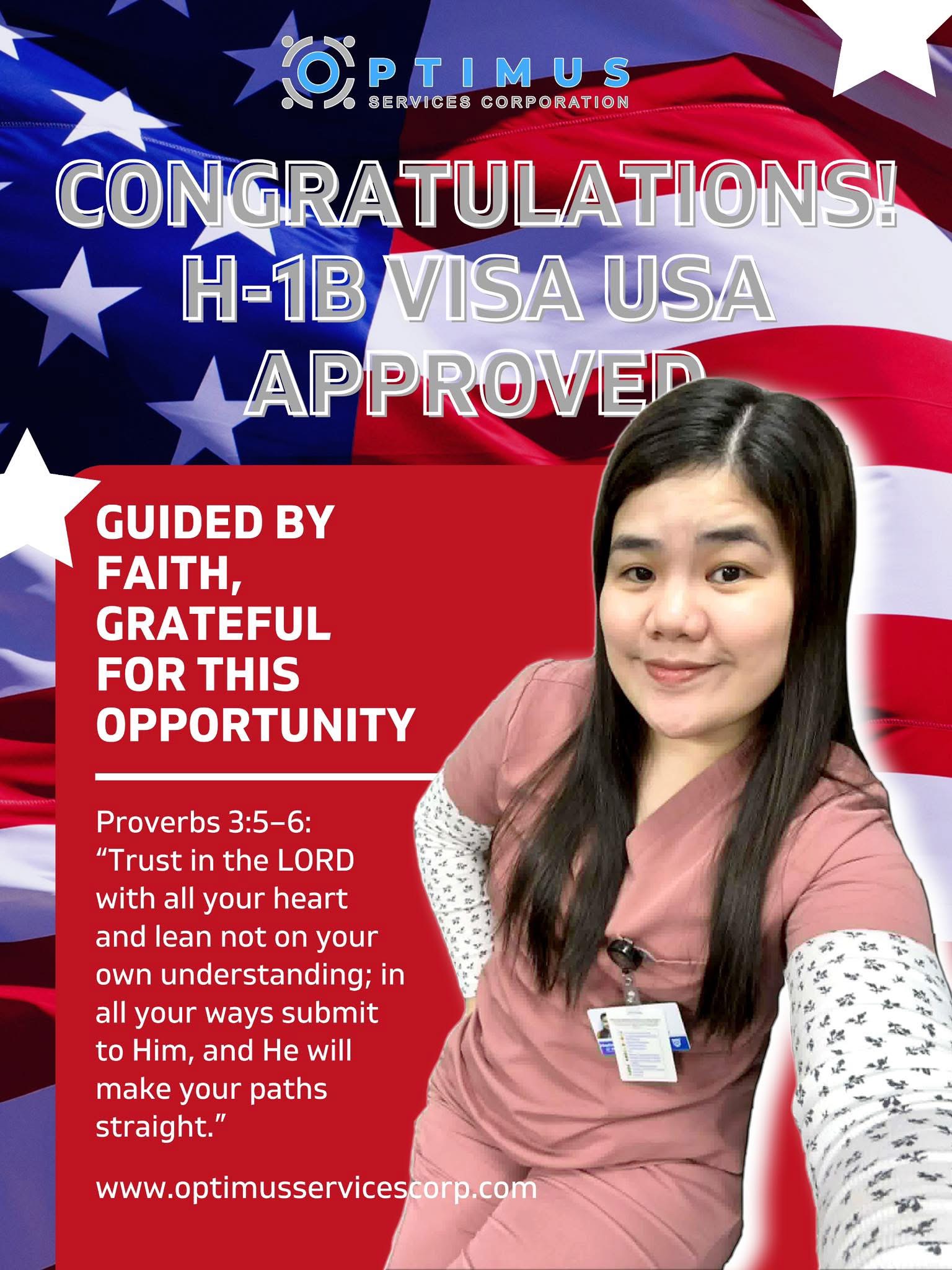 Optimus promotional material celebrating an H-1B visa approval